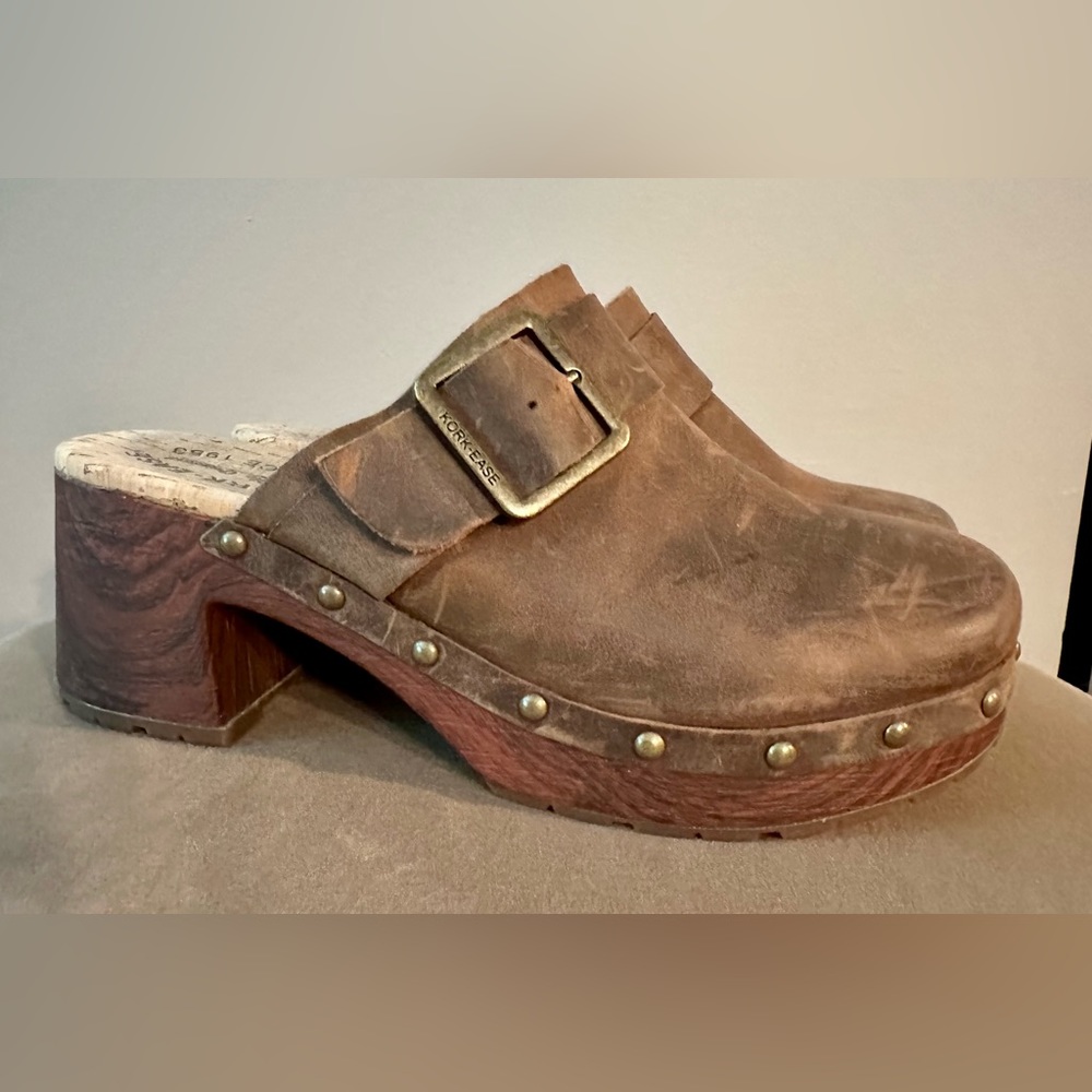 Kork-Ease Tan Leather Mules with Wooden Heel